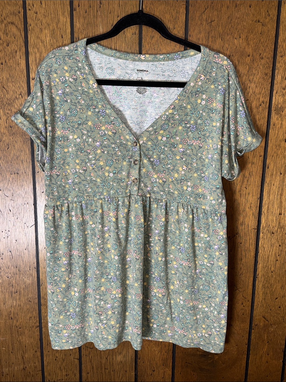 SONOMA Sage Green Floral V-Neck Babydoll Tunic Top
